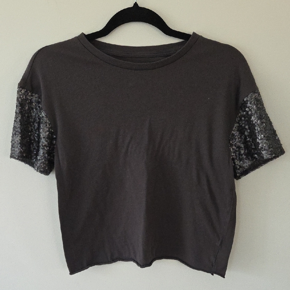 American Eagle Outfitters Charcoal Top with Silver Sequin Sleeves